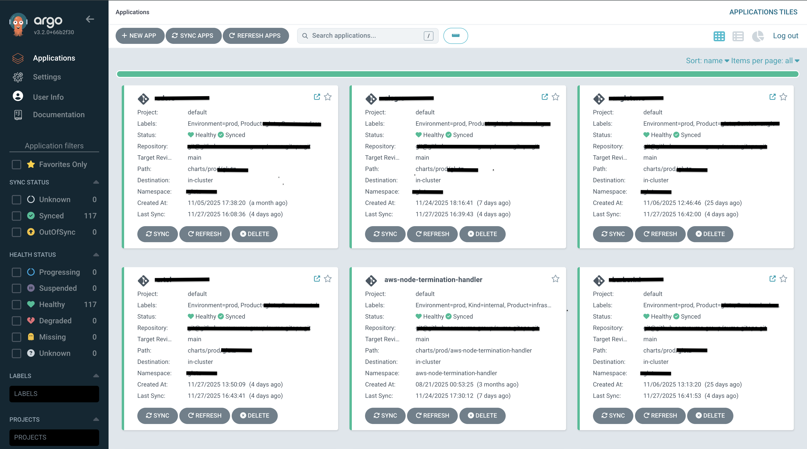 ArgoCD Dashboard showing application deployments, sync status, and health monitoring (application names redacted)
