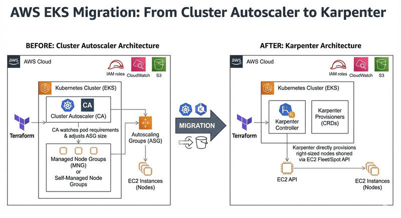 Before and after architecture comparison showing Cluster Autoscaler architecture with fixed node groups versus Karpenter architecture with flexible node provisioning