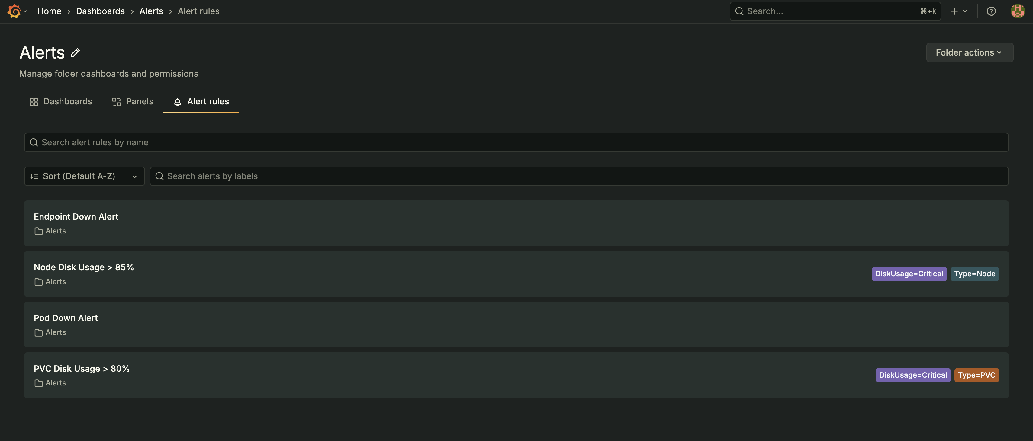 Grafana Alert Rules dashboard showing configured alerts for disk usage, pod down, and endpoint monitoring (pod names redacted)