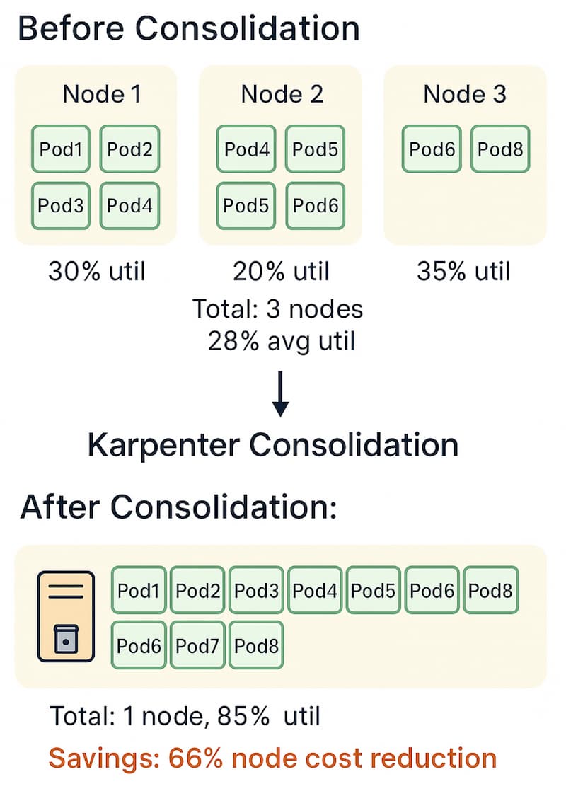 Karpenter Consolidation Flow diagram showing before and after consolidation with pod distribution across nodes