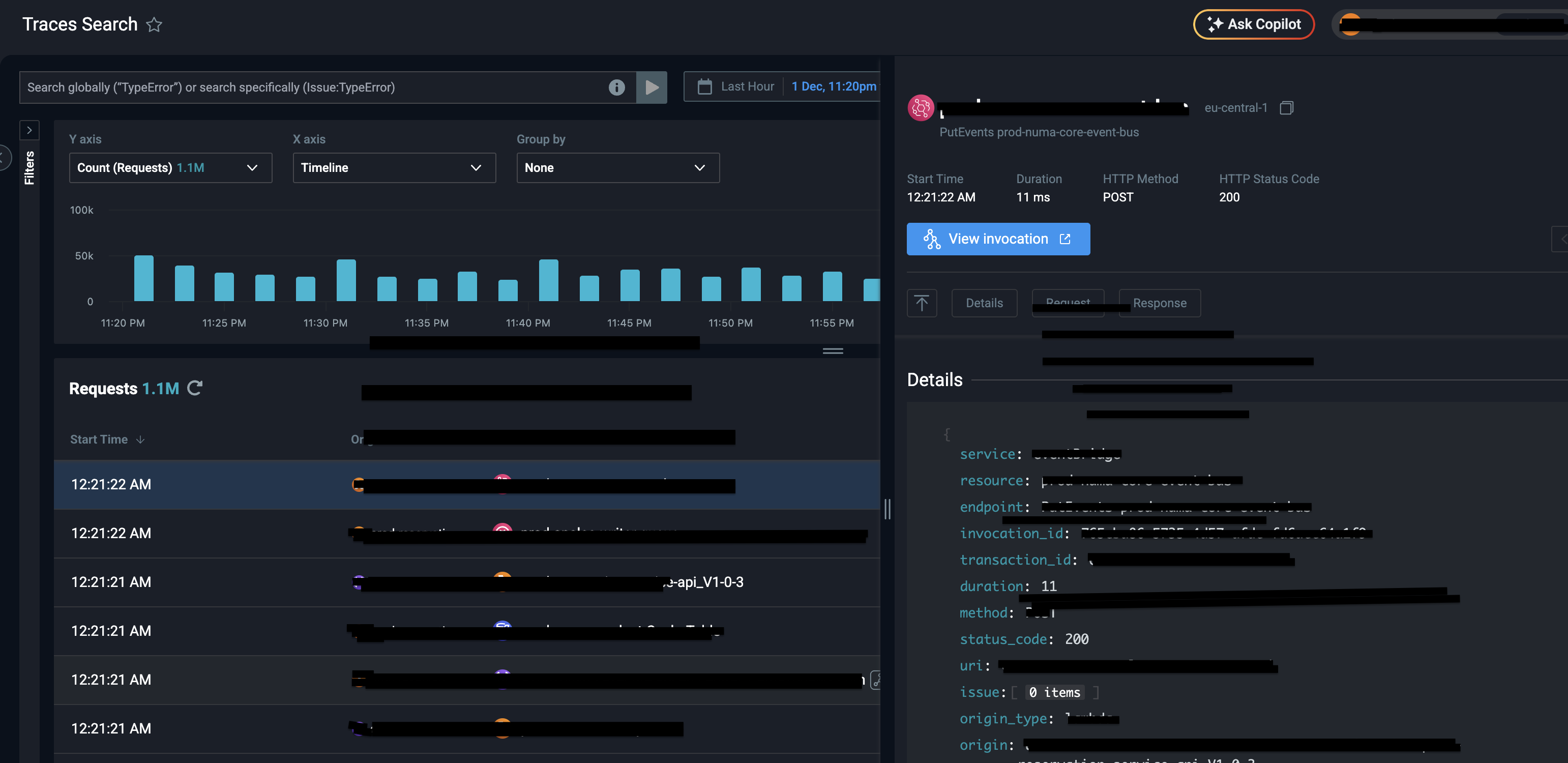Lumigo APM Dashboard showing API endpoint performance, distributed tracing, response times, error rates, and throughput metrics (application names redacted)
